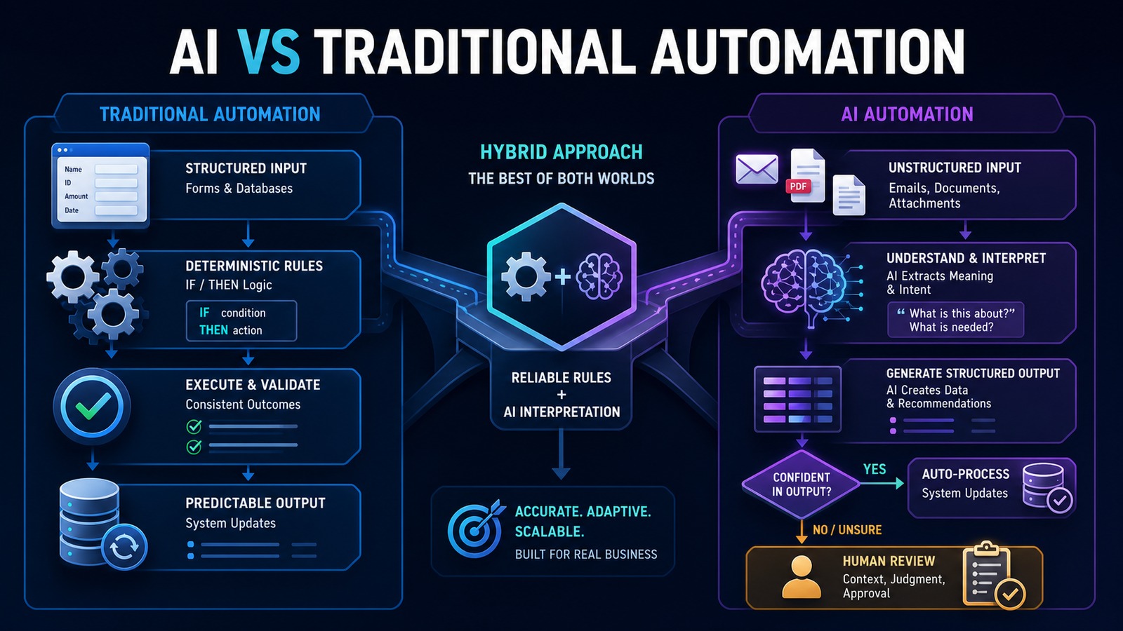 Comparison of traditional rule-based automation and AI automation with a hybrid approach and human review