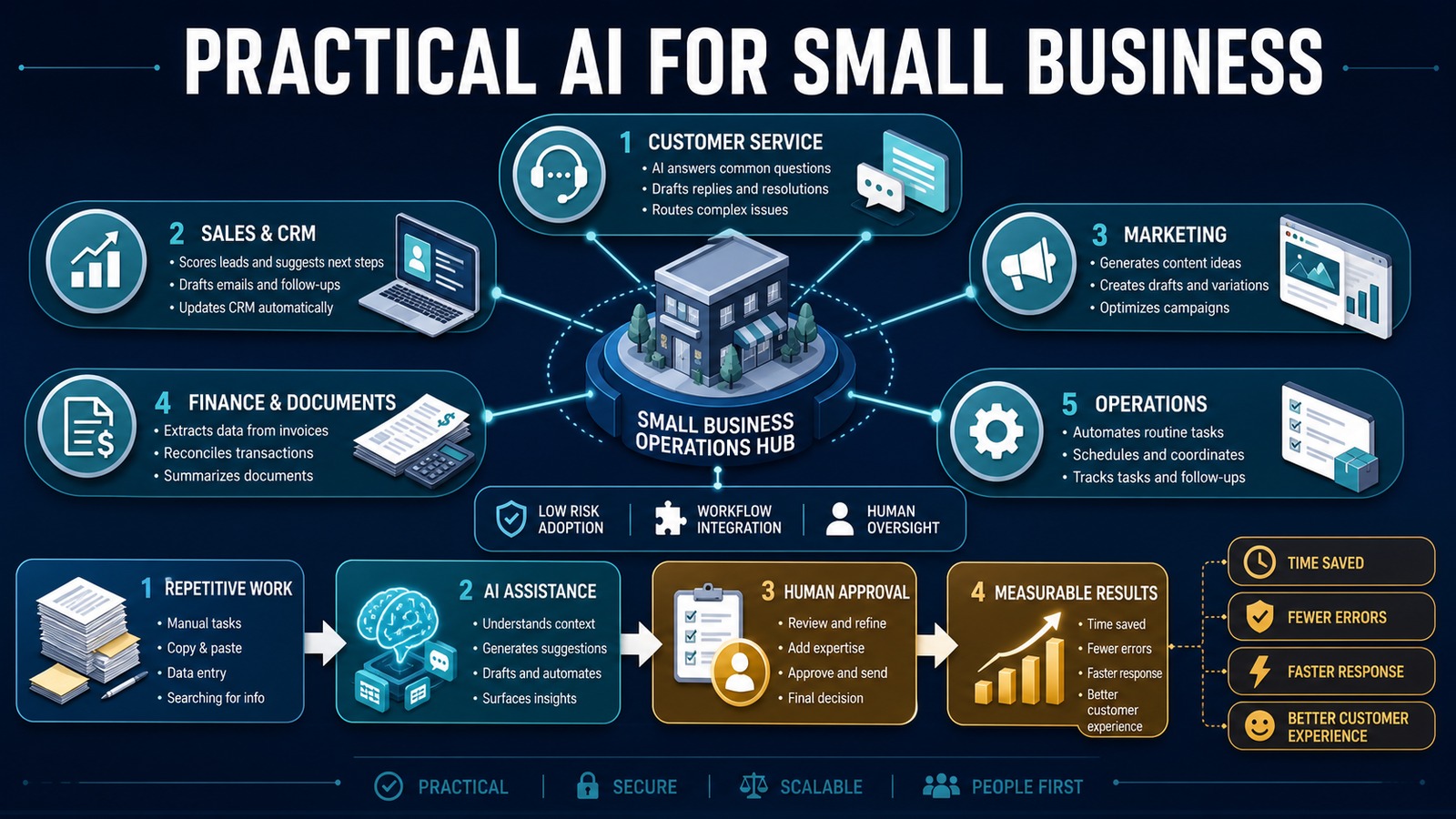 Practical AI use cases for small business across customer service, sales, marketing, finance, and operations with human oversight