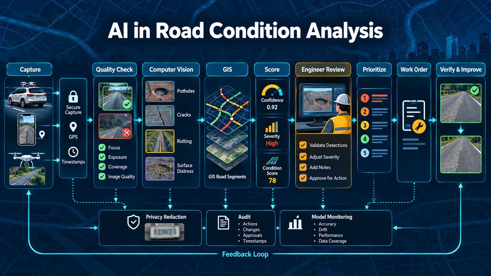 AI road condition analysis workflow using imagery, computer vision, GIS, engineering review, prioritization, work orders, and verification